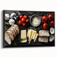 Black and white wall art featuring a vintage poster of various food dishes on a framed canvas, ideal for bedroom decor.