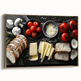 Framed canvas featuring vintage poster art of various food dishes in black and gold, ideal for bedroom wall decor.