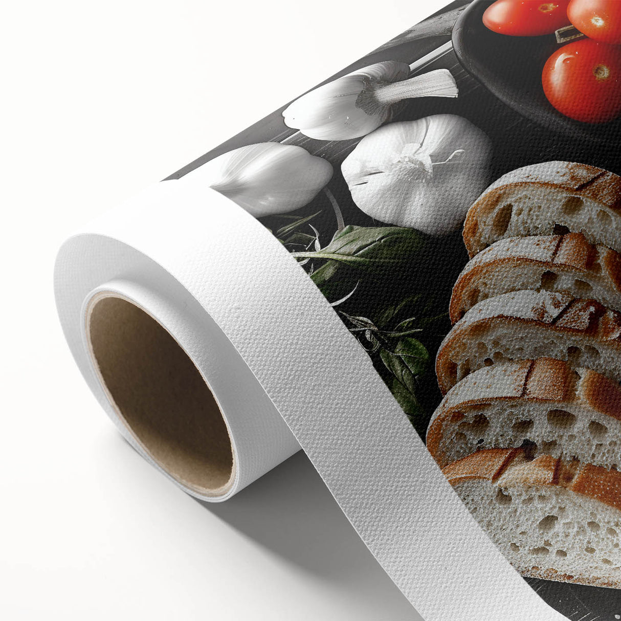 Art deco poster of various colorful food dishes on a rolled canvas, suitable as nursery wall art or dining room decor.