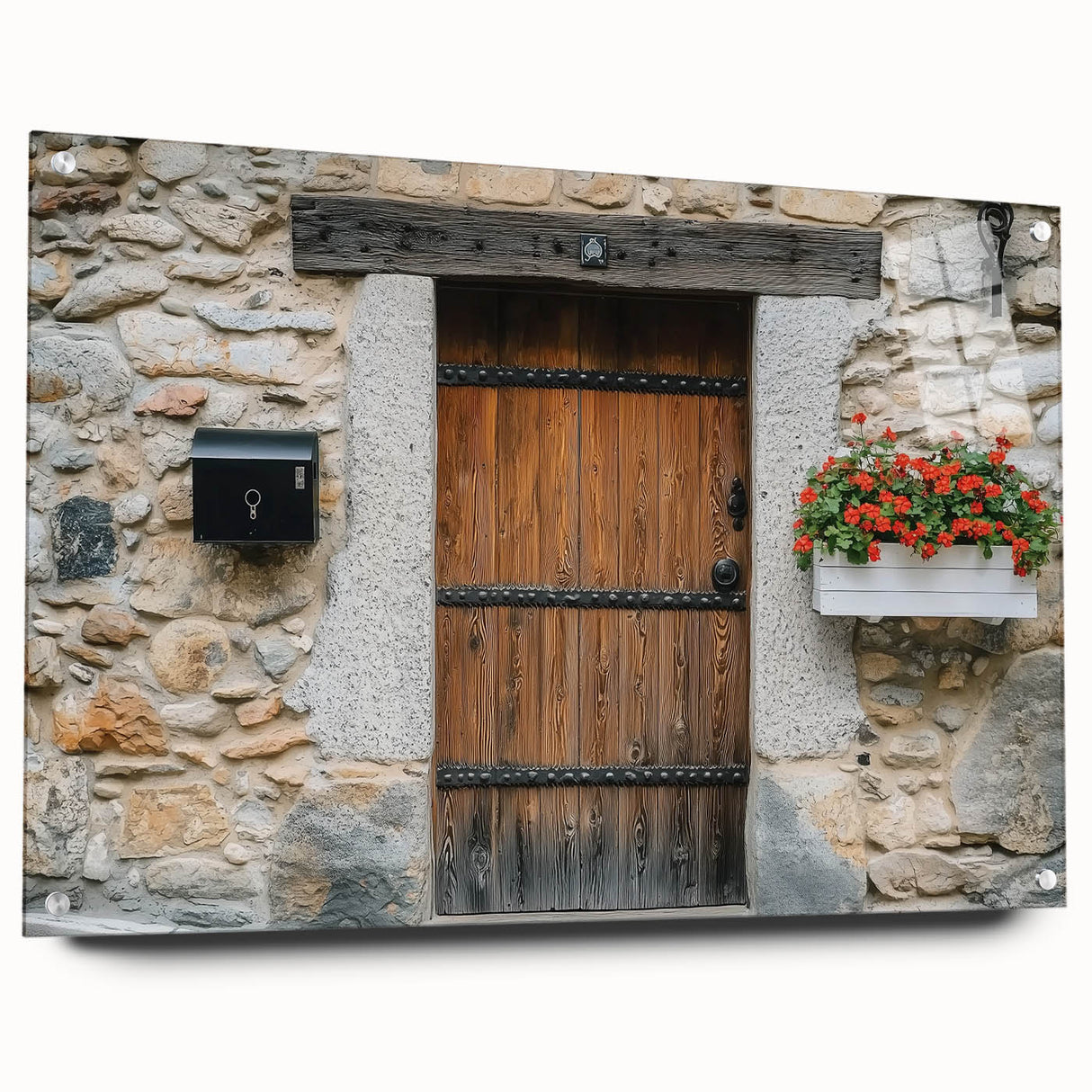 Landscape acrylic barn artwork showcasing a side view with distinctive pins securing the design, featuring vibrant colors and intricate details, ideal for rustic decor.
