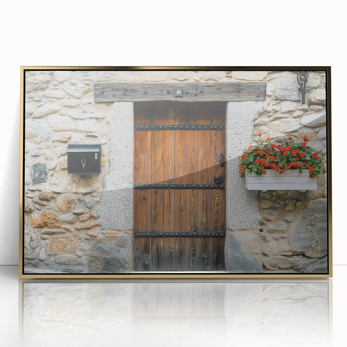 Framed acrylic artwork showcasing a stunning landscape design with golden accents, set against a rustic barn backdrop that enhances its aesthetic appeal.