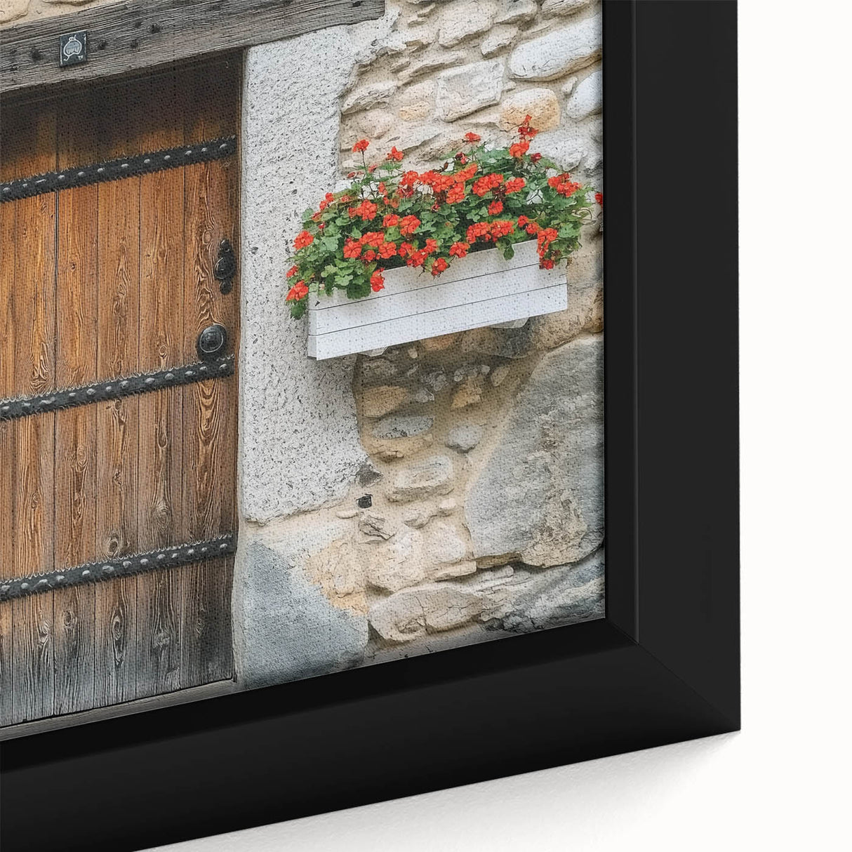 Close-up of a landscape barn-themed canvas print showcasing vibrant colors and intricate details, framed elegantly for modern home decor. Ideal for rustic or farmhouse interiors.