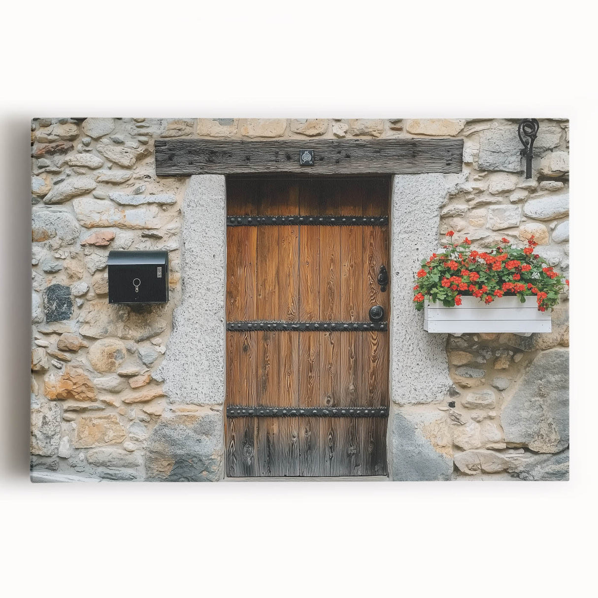Stretched canvas art depicting a serene landscape with a rustic barn, vibrant greenery, and a clear blue sky, perfect for enhancing home decor.