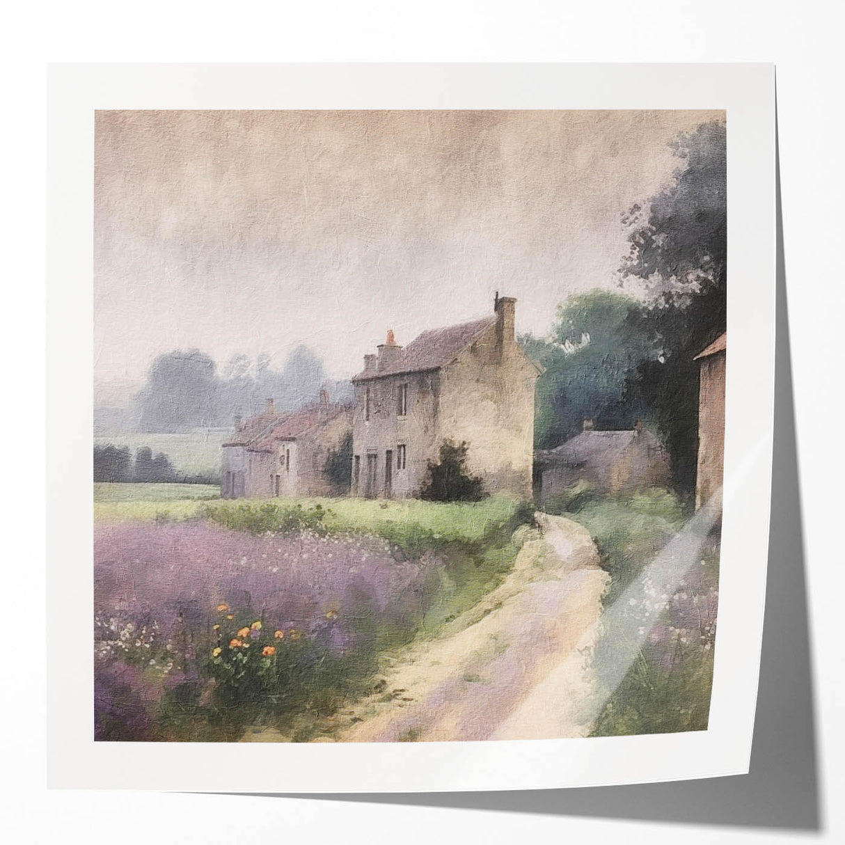 Landscape wall art print showcasing a serene countryside scene with vibrant green fields and a clear blue sky, perfect for enhancing home decor.