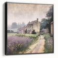 Framed canvas wall art depicting a serene countryside landscape with vibrant greens and blues, showcasing a black frame that enhances its rustic charm. Ideal for home decor.