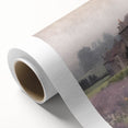 Scenic landscape wall art on rolled canvas depicting a tranquil countryside scene with lush green fields and a bright blue sky, ideal for home decor.