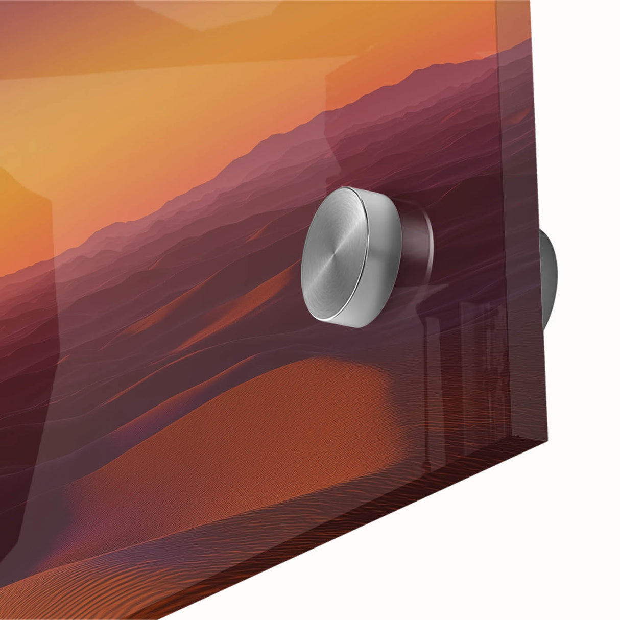 Close-up of a vibrant desert landscape design on acrylic glass, showcasing intricate details and rich colors, ideal for modern home decor and art enthusiasts.