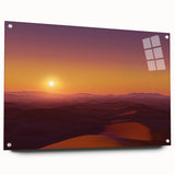 Acrylic glass artwork depicting a vibrant desert landscape with stunning colors, viewed from the side. The piece is held in place with decorative pins, emphasizing its modern design.