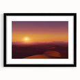 Desert landscape framed art piece with a black mat, showcasing warm tones of orange and beige, perfect for modern home decor in living rooms or offices.