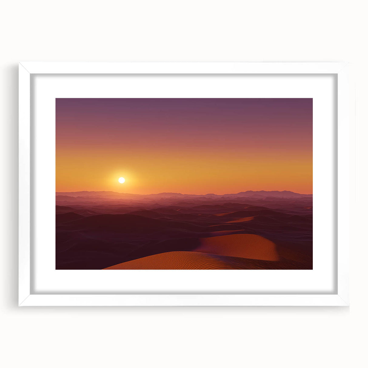 Desert landscape art frame with a white mat, showcasing warm beige and orange hues, ideal for enhancing modern home decor or gallery walls.