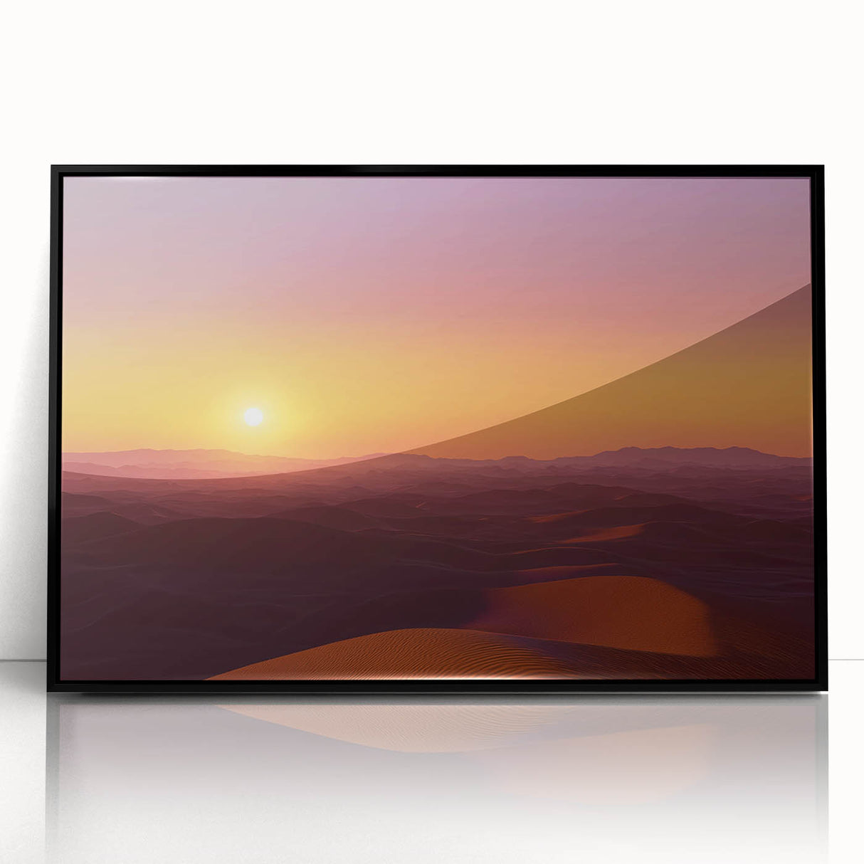 Framed acrylic artwork depicting a stunning desert landscape, featuring vibrant colors and intricate details, showcased in a sleek black frame, perfect for modern decor.