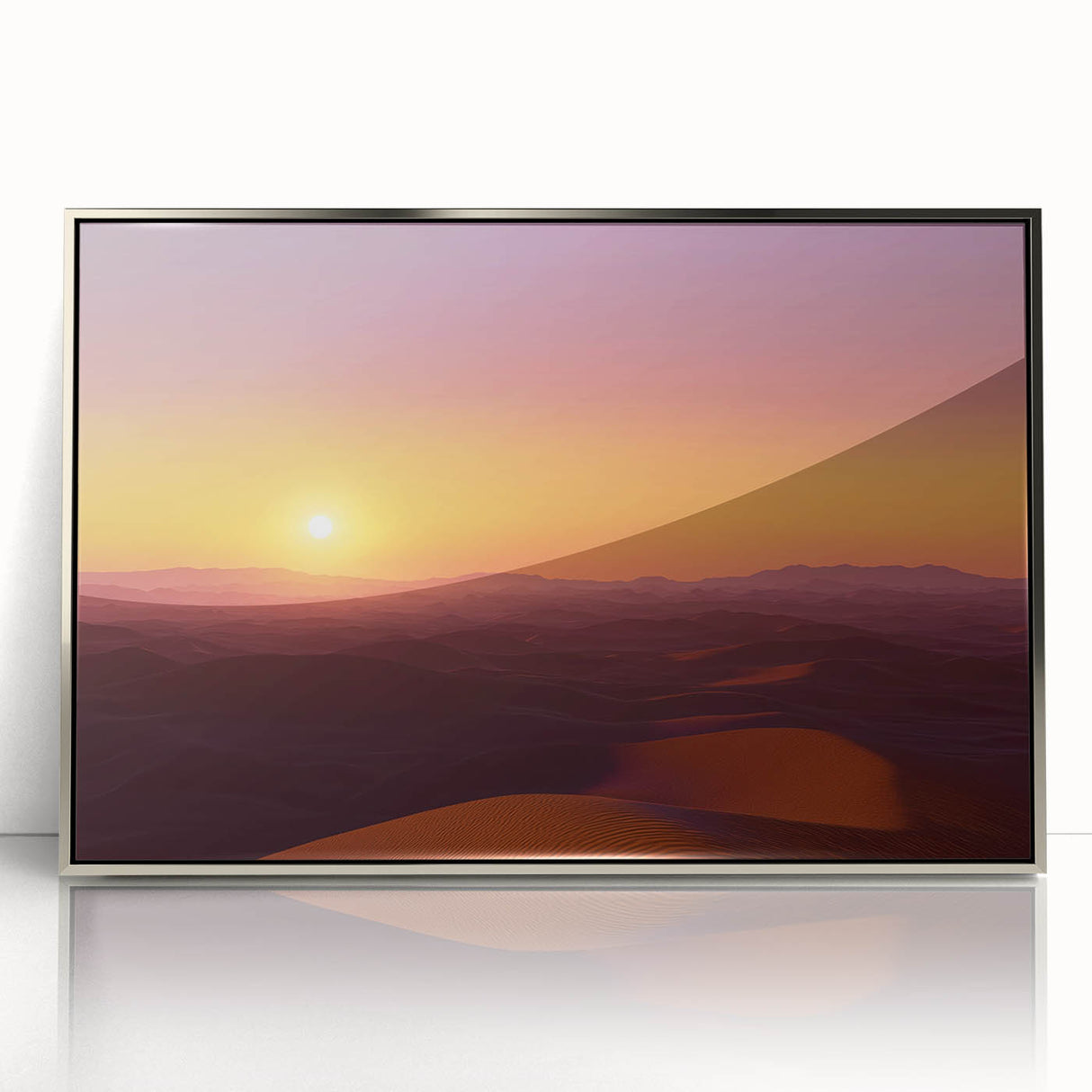 Framed acrylic landscape artwork depicting a serene desert scene with vibrant colors, showcasing hues of gold and orange under a blue sky, perfect for home decor.