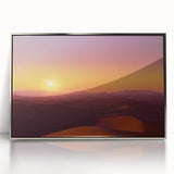 Framed acrylic landscape artwork depicting a serene desert scene with vibrant colors, showcasing hues of gold and orange under a blue sky, perfect for home decor.