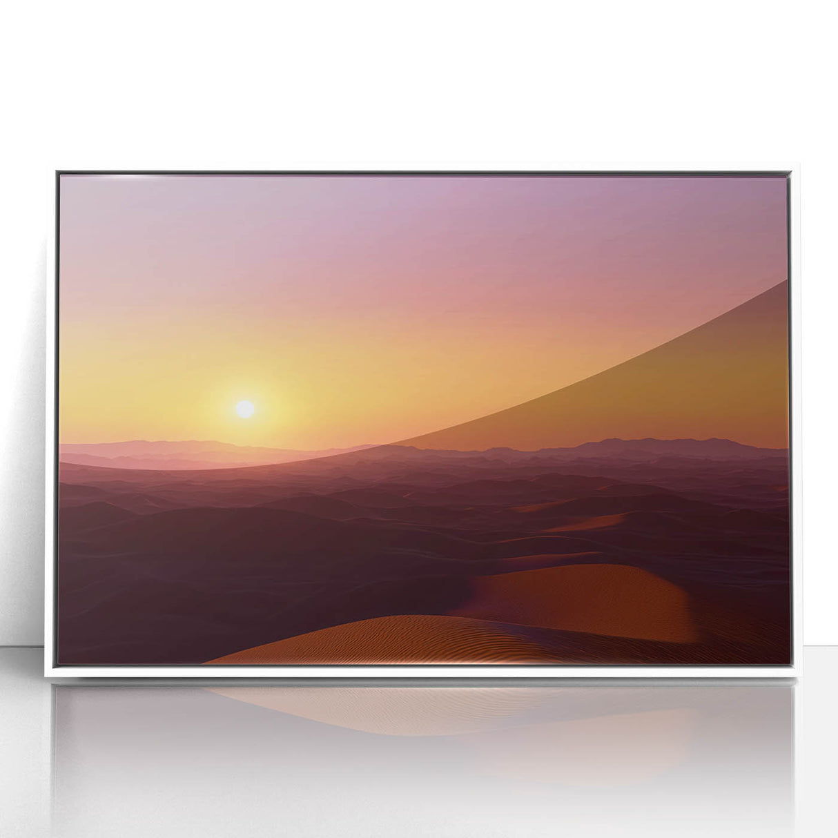 Framed acrylic artwork depicting a vibrant desert landscape with warm tones of orange and yellow, set in a sleek white frame, perfect for modern home decor.