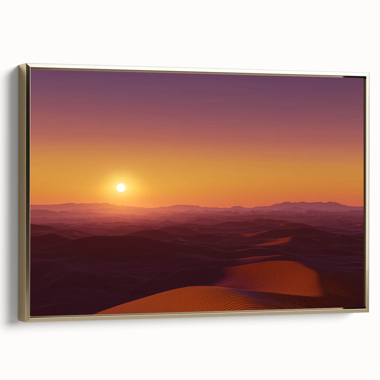Framed canvas artwork depicting a serene desert landscape with golden tones, showcasing a side view that highlights the elegant frame and textured details. Ideal for home decor enthusiasts seeking to enhance their space with nature-inspired art.