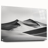 Abstract acrylic landscape artwork depicting serene sand dunes in warm tones, framed in glass with stylish pins, perfect for modern home decor.