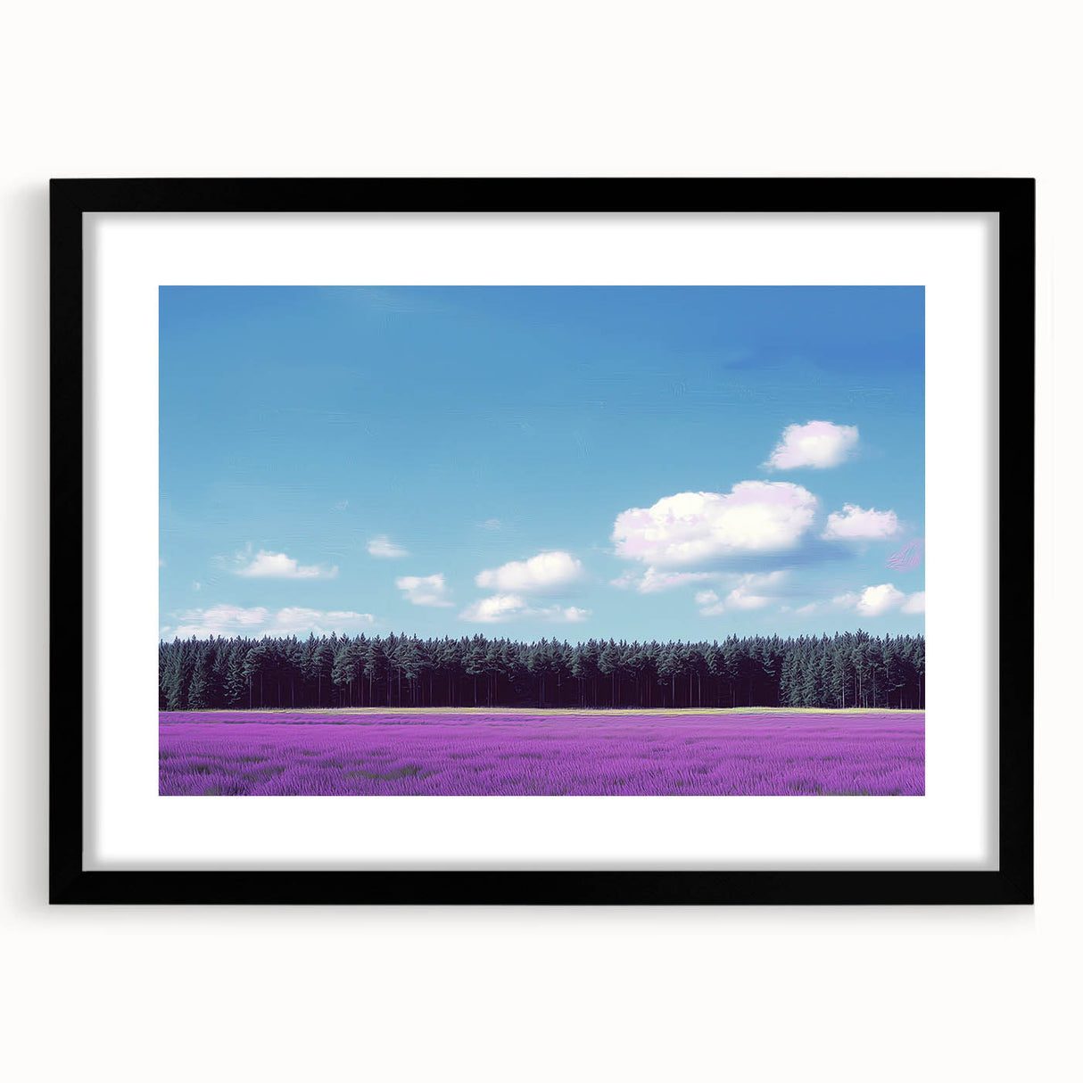 Black frame with mat showcasing a serene landscape of vibrant green fields under a clear blue sky, ideal for home decor or art display.