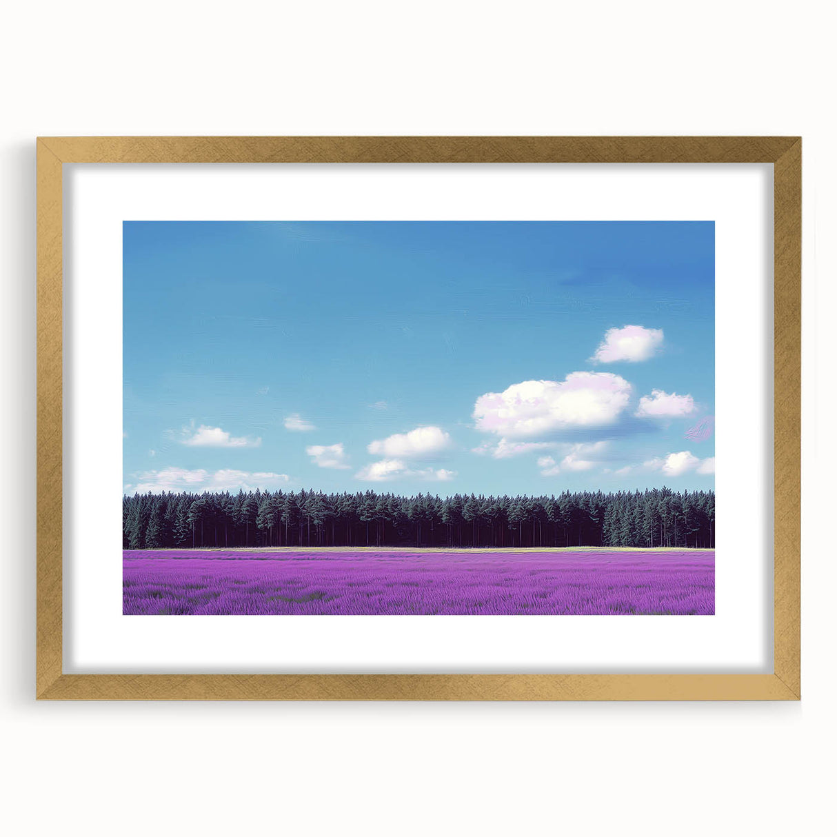 Elegant gold-framed landscape artwork featuring vibrant fields and a textured mat, perfect for enhancing home decor with a touch of nature-inspired elegance.