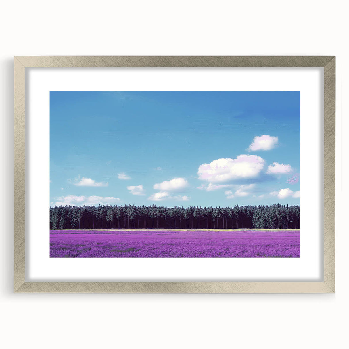 Elegant silver-framed landscape artwork with a mat, showcasing vibrant green fields under a bright blue sky, ideal for modern home decor.