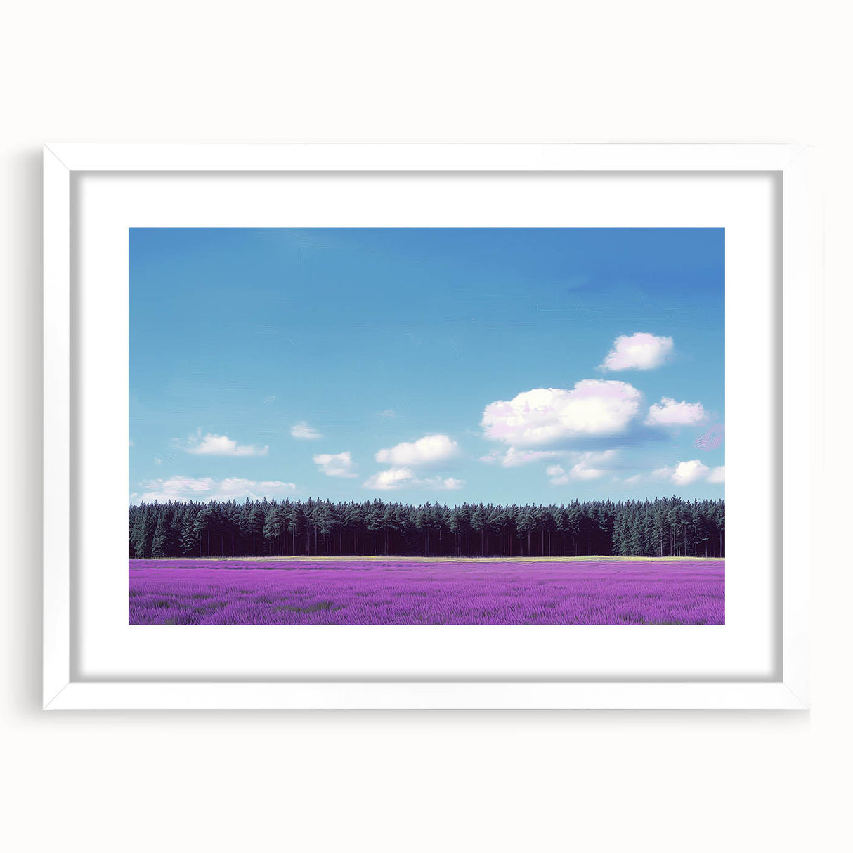 Framed landscape artwork showcasing a serene field scene with vibrant green grass and a clear blue sky, presented in a white mat and frame, perfect for home decor.
