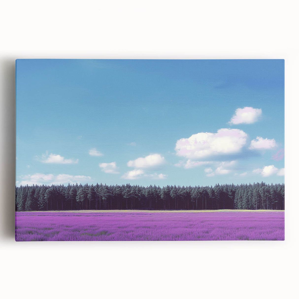 Vibrant stretched canvas showcasing a lush landscape with rolling green fields and a clear blue sky, ideal for home decor and nature-themed interiors.