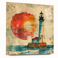 Acrylic glass wall art depicting a serene lighthouse landscape, showcasing vibrant colors and intricate details, mounted with stylish pins for easy display.