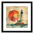 Framed wall art featuring a serene lighthouse landscape with a black mat, showcasing calming ocean hues and a coastal scene, perfect for home decor.