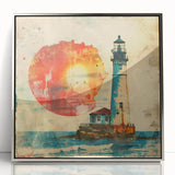 Framed acrylic wall art showcasing a serene lighthouse landscape in silver tones, perfect for coastal-themed decor, enhancing any living space with tranquility.