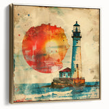 Framed canvas wall art depicting a serene coastal landscape with a lighthouse, accented in silver and gold tones, ideal for enhancing home decor.