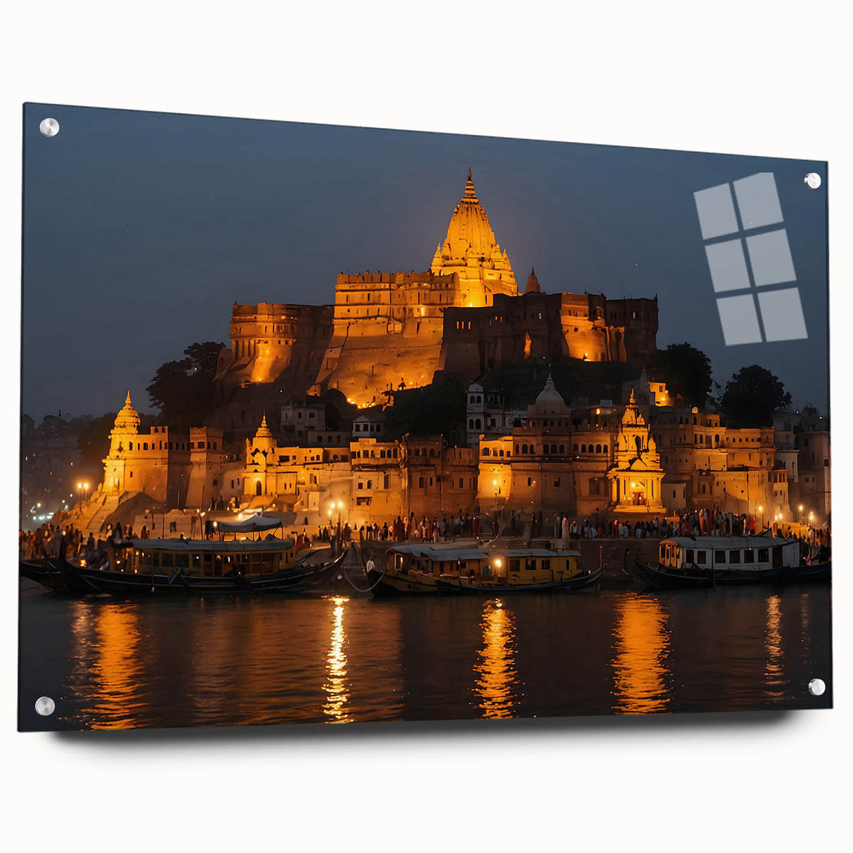 Large abstract wall art depicting a serene Indian landscape in muted earth tones on acrylic glass.