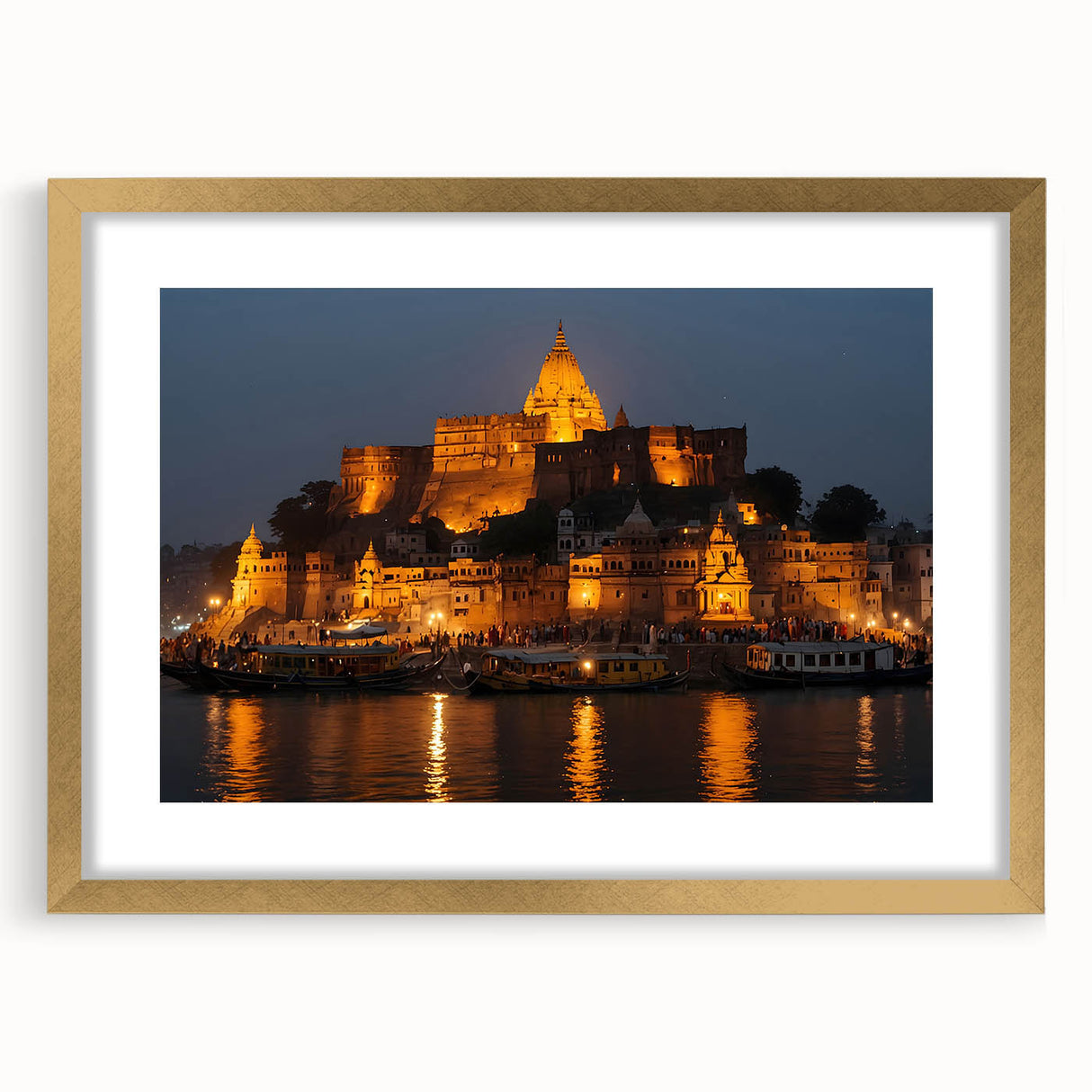 Extra large abstract art print featuring a textured representation of an Indian landscape in gold and earth tones.