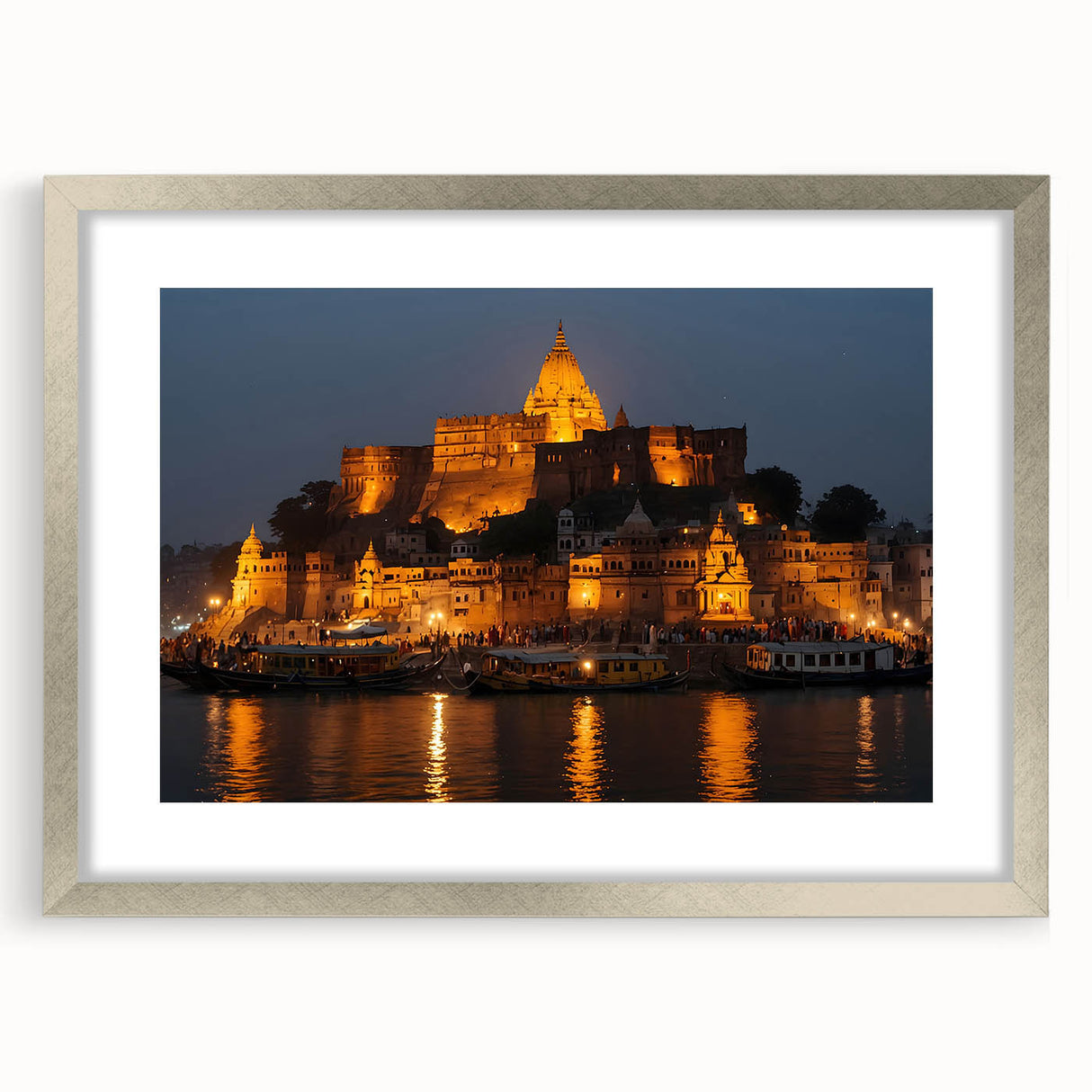 Textured abstract art print depicting a serene Asian landscape in muted earth tones, framed in silver.
