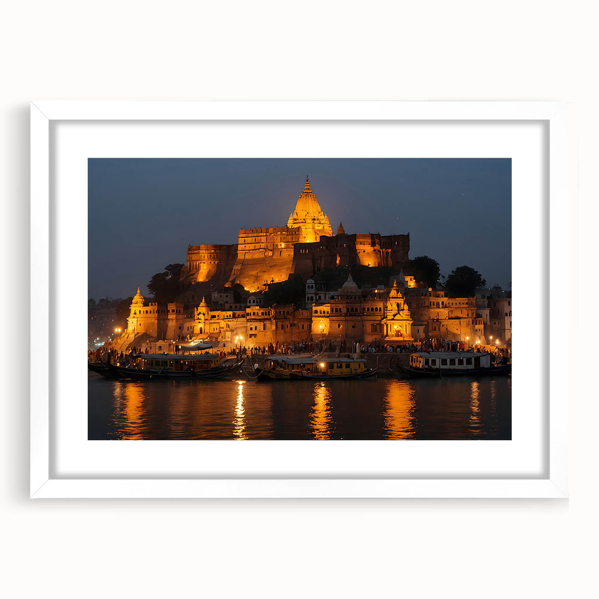 Abstract art print depicting a serene Indian landscape in soft blue and green tones, framed with a white mat.
