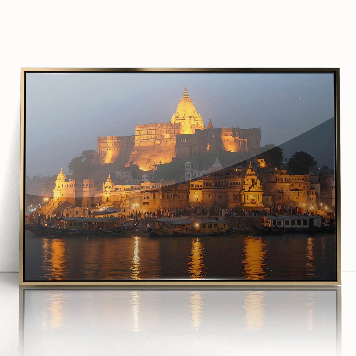 Large acrylic print of a mid-century modernist Indian scenery in gold tones, ideal for modern art wall decor.
