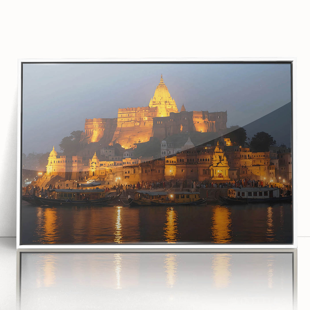 Acrylic print of a stylized Indian scenery in art deco style, with muted earth tones.