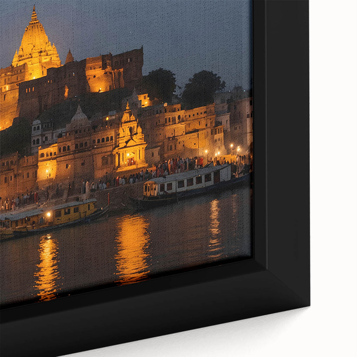 Extra large framed canvas depicting a textured, colorful Indian scenery in black, ideal for living room decor.