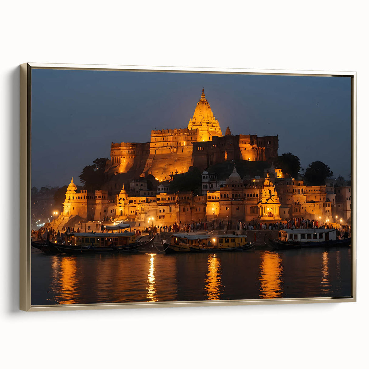 Framed canvas featuring a vintage-style landscape painting of an Indian scenery in gold and black tones.