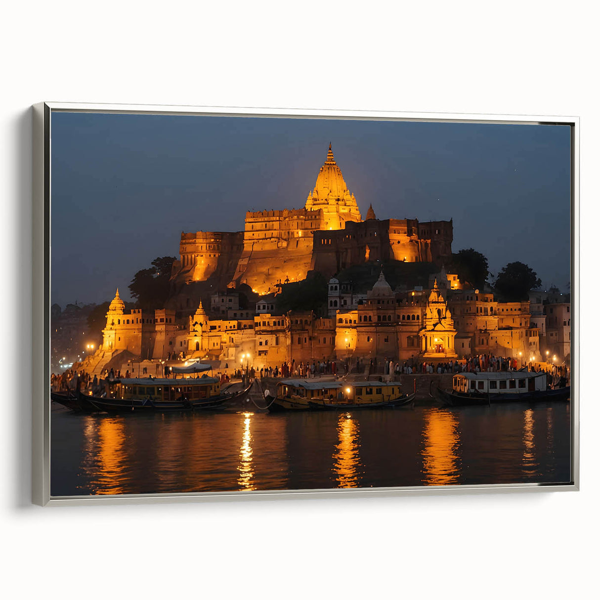 Landscape art painting depicting a colorful Indian scenery on framed canvas.
