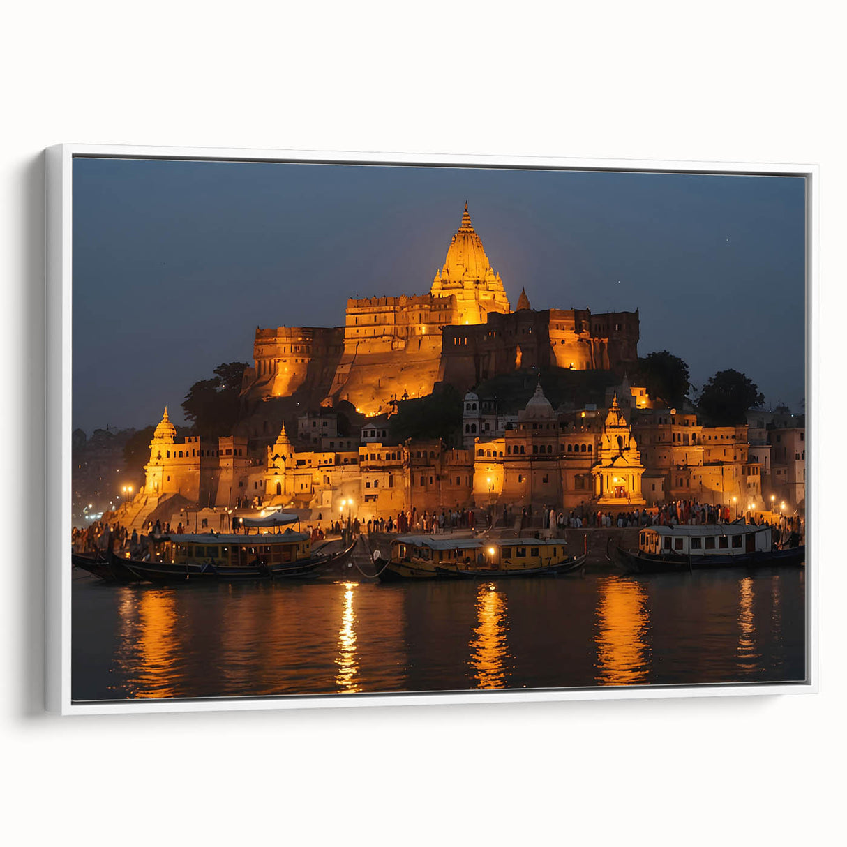 Vintage poster art of an Indian scenery in vibrant colors on extra large framed canvas, ideal for living room decor.