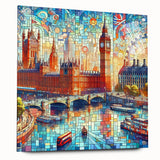 Large abstract depiction of London on acrylic glass, featuring muted earth tones, ideal for dining room decor.