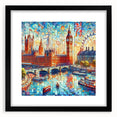 Abstract art print of London scenery in vibrant colors on a large textured canvas, suitable for living room decor.