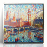 Acrylic print of London scenery with soft pastel shades, framed in silver, suitable for modern art wall decor.