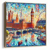 Framed canvas depicting a vintage-style London cityscape in silver and gold tones, ideal for bedroom wall art.