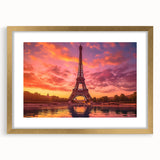 Abstract art print of Paris skyline in muted gold and blue tones on a framed canvas, ideal for dining room decor.