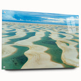 Abstract art print of a Brazilian landscape in vibrant green and blue tones on acrylic glass, ideal for dining room decor.