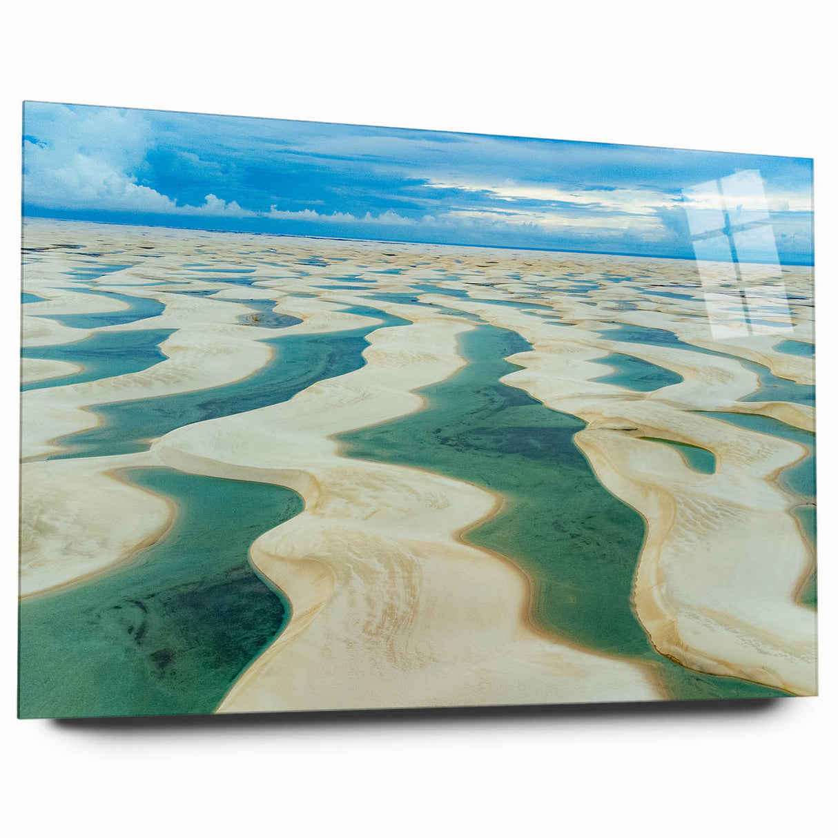 Large abstract wall art depicting a colorful Brazilian landscape on acrylic glass, ideal for bedroom or dining room decor.