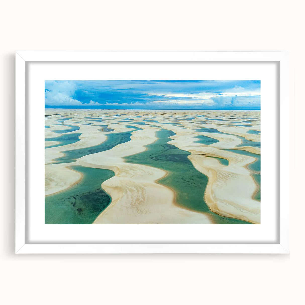 Large abstract wall art depicting a vibrant Brazilian landscape in a white frame, ideal for bedroom or dining room decor.