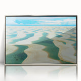 Mid-century modernist art depicting a serene Brazilian landscape in muted green and blue tones.