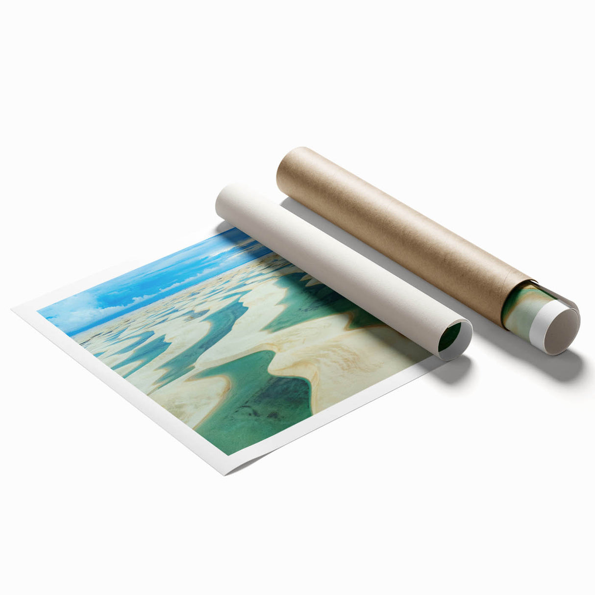 Rolled print of a Brazilian landscape featuring lush greenery and floral elements, in vibrant green and yellow tones.