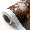 Art Deco poster featuring autumnal forest in orange and brown tones, rolled canvas, ideal for nursery wall art.